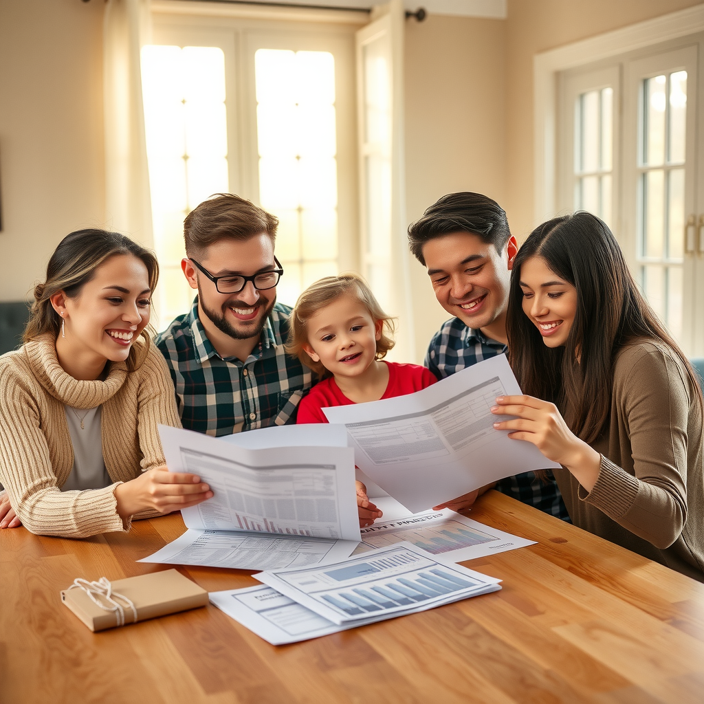 A happy family of four sitting together at a dining table reviewing financial documents and planning their future, with warm natural lighting streaming through a window, showing expressions of confidence and relief