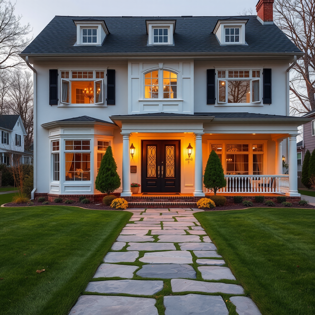 Beautiful two-story residential property with welcoming front entrance, manicured lawn, stone pathway leading to elegant double doors, warm exterior lighting, and charming architectural details including bay windows and a covered porch