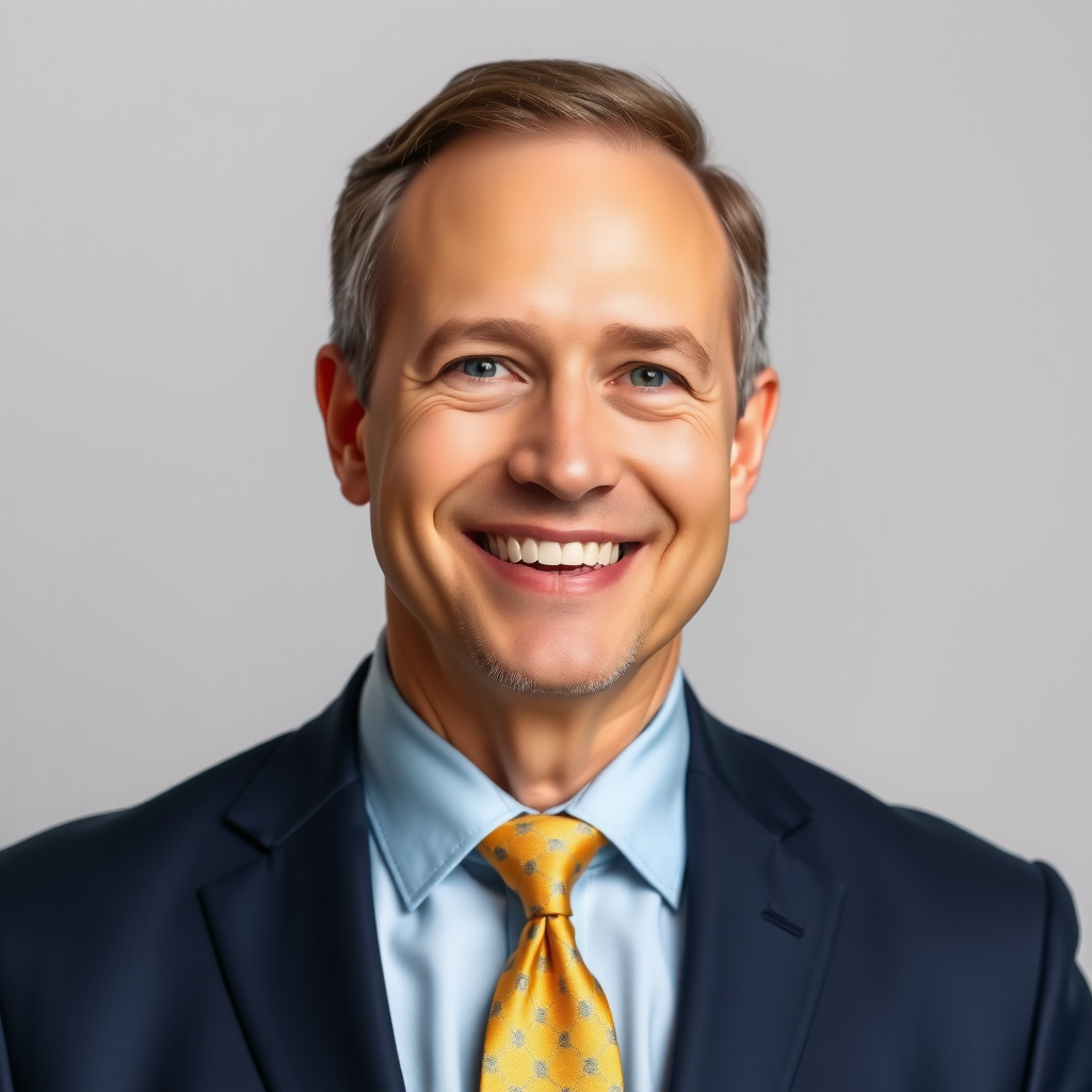Professional headshot of Michael Thompson, Senior Financial Advisor, wearing a navy suit and gold tie, smiling confidently against a neutral background