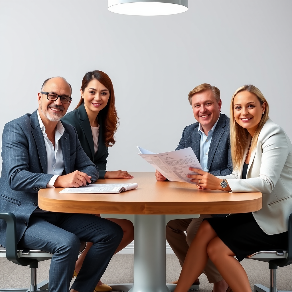 Professional group photo of Sunward's financial advisory specialists including Michael Thompson, Lisa Park, Robert Williams, and Amanda Foster in business attire, seated around a conference table reviewing financial documents with warm, approachable expressions