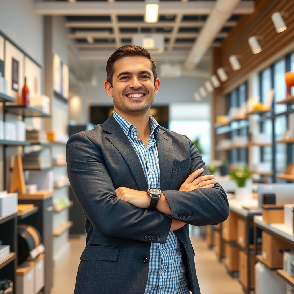 A confident business owner standing in their modern retail shop or office space, arms crossed with a satisfied smile, surrounded by their products or workspace, professional lighting highlighting their success and determination